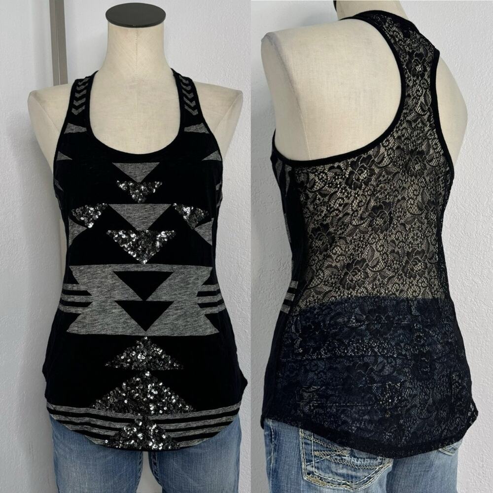 Indie Sleaze Tank Top Lace Sheer Black Grey Aztec Sequin Size Small